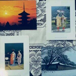 4 JAPANESE POST CARDS, 2 MAIKO GIRLS 2 HISTORICAL BUILDINGS KYOTO 6 X 4" VINTAGE